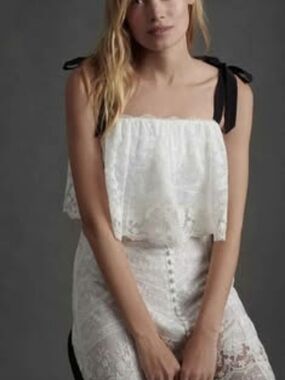 Anthropologie Saloni Romantic Silk Lace Camisole with Black Tie Straps S 12